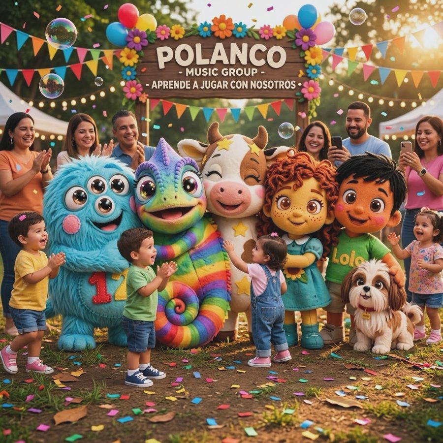 Familias y niños celebrando con los personajes de Bombón Colorín y Muu
