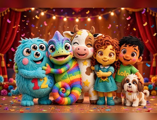 Los seis personajes abrazados en un escenario con confeti